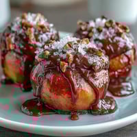 Sweet candy apple slices with caramel and dark chocolate drizzle, perfect for fall gatherings and holiday treats.