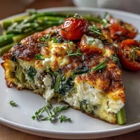 Spring Veggie Frittata with Asparagus and Goat Cheese, a fluffy baked egg dish loaded with seasonal vegetables and creamy cheese crumbles.