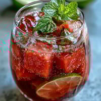 Watermelon Mint Vodka Spritz Mocktail with fresh mint and lime in a tall glass over ice.