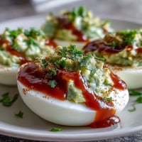 Creamy avocado deviled eggs topped with a spicy Sriracha drizzle, garnished with fresh cilantro.