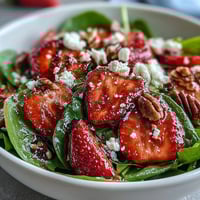 Fresh strawberry spinach salad with creamy goat cheese and toasted pecans, drizzled with tangy balsamic vinaigrette.