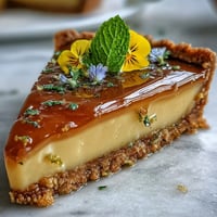 Elegant lemon curd spring tart with silky citrus filling in a crisp buttery shell, adorned with fresh edible flowers for a stunning dessert.