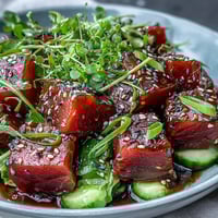 Vibrant Spring Tuna Poke Bowl with fresh tuna, crisp vegetables, and zesty ponzu sauce in a colorful arrangement.