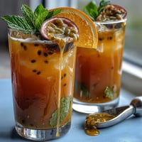 Tropical Sunrise Mocktail with passionfruit swirling vibrantly in an orange-hued glass.
