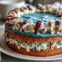 Cancer Zodiac Cake: ocean blue buttercream and edible shells shimmer.